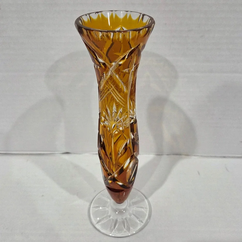 Vintage Amber Cut to Clear Crystal Bud Vase Starburst Pattern 8.25 Inch Tall